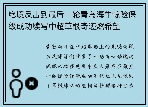 绝境反击到最后一轮青岛海牛惊险保级成功续写中超草根奇迹燃希望